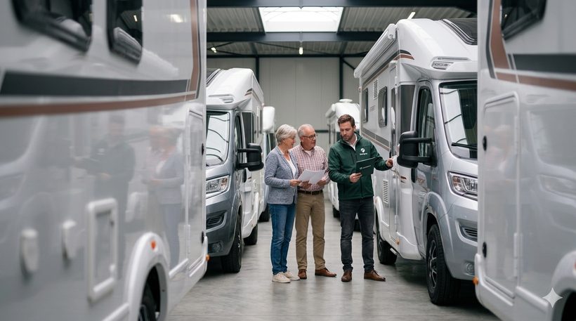 Campers in de showroom met een Kampero-adviseur en kopers